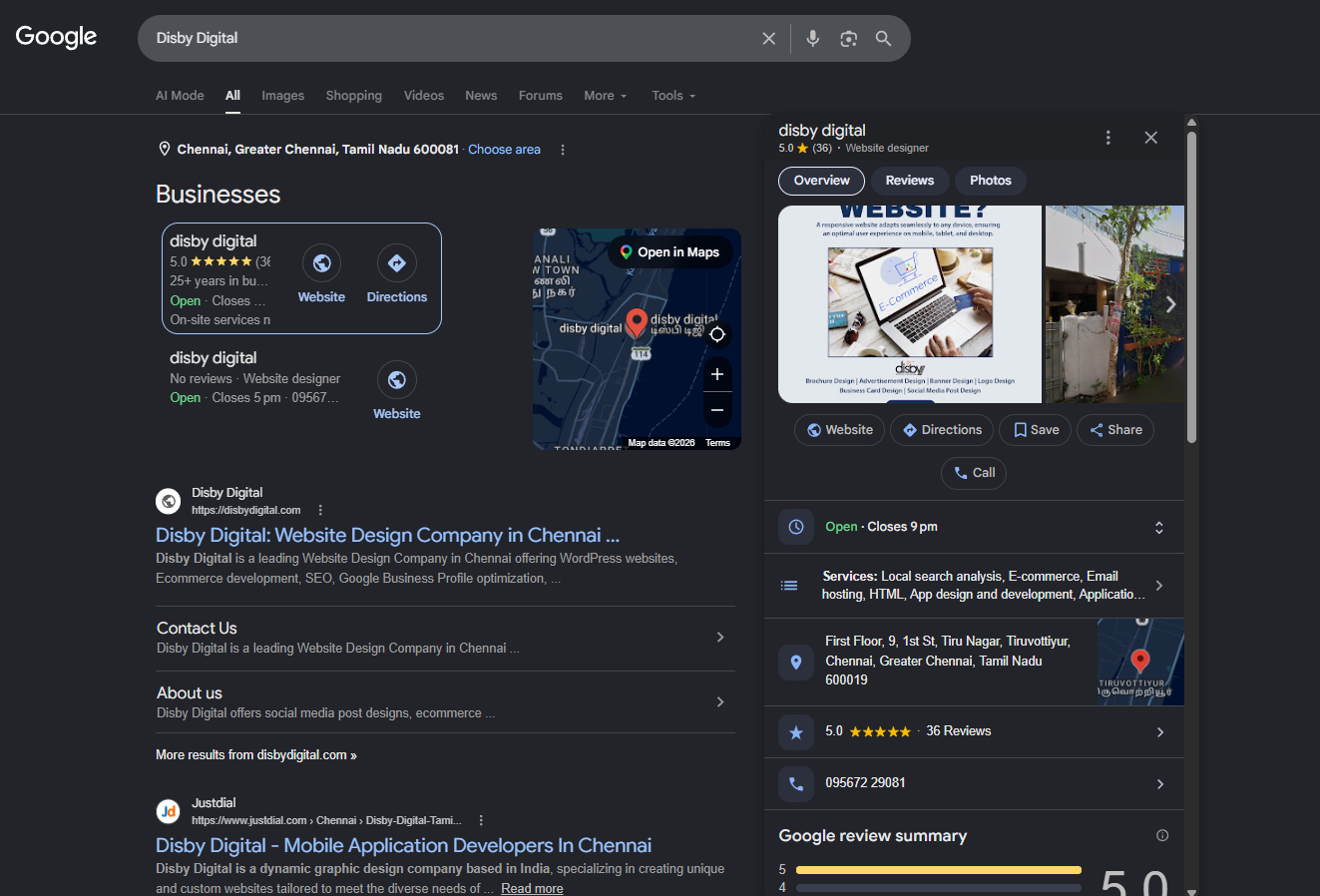Google search results showing Disby Digital among digital marketing agencies in New Washermenpet with business details and local search visibility