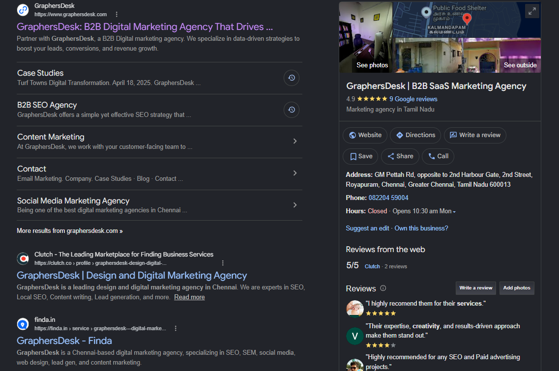 Google search results showcasing digital marketing agencies in Royapuram, Chennai, highlighting their online presence, local SEO visibility, and digital marketing services