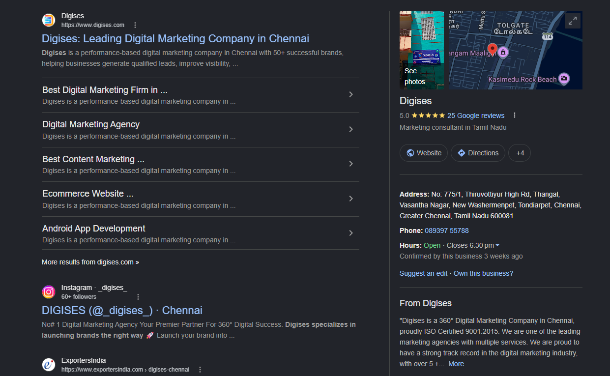 Google search results showcasing the top 4 best digital marketing agencies in Royapuram, Chennai, highlighting their digital marketing services, online visibility, and local business presence