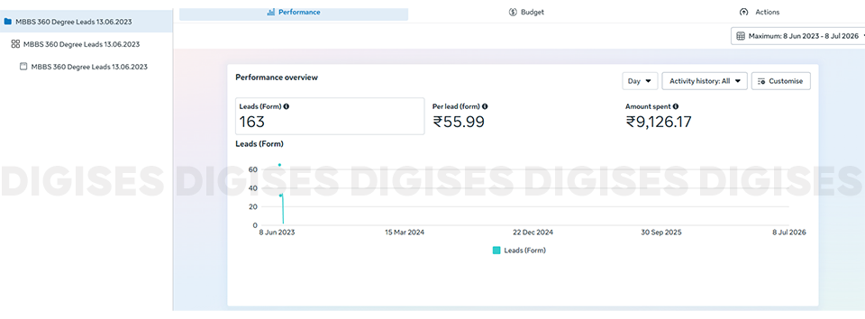 Meta Ads performance report showcasing a performance based marketing agency expert with 163 leads, cost per lead, and advertising spend results