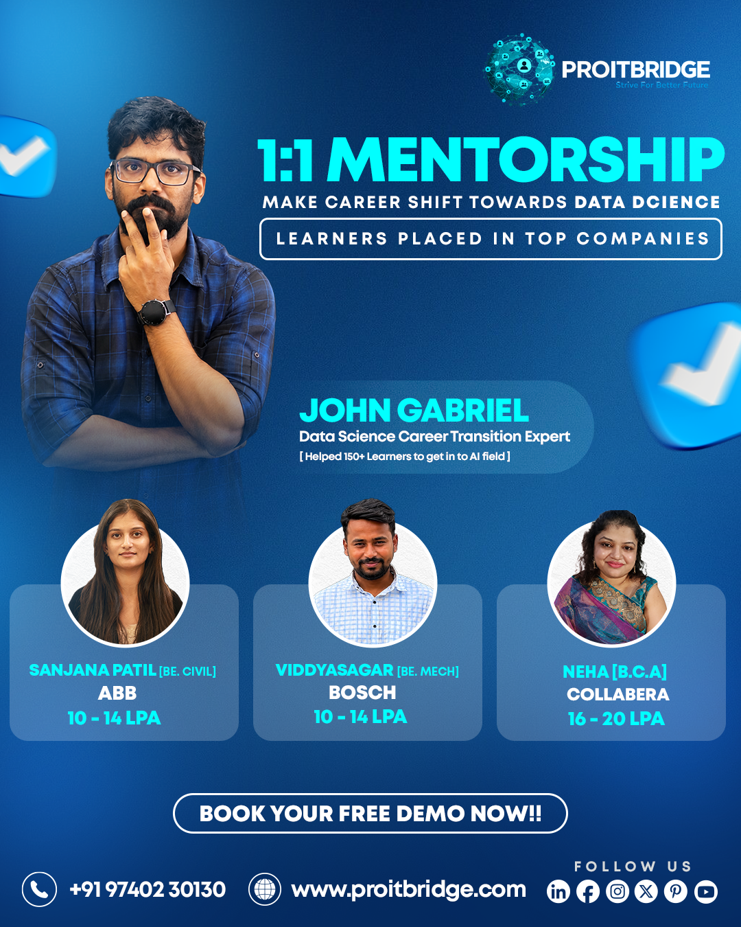 Organic social media marketing campaign promoting ProITBridge data science mentorship and successful student placements
