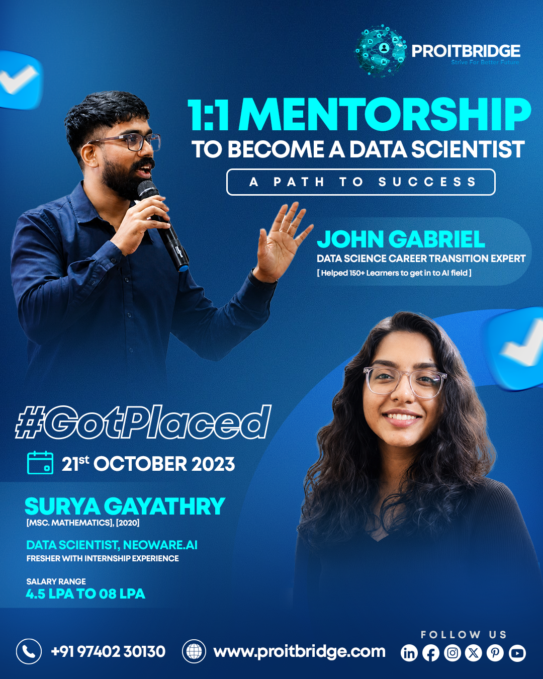 Social media management firms promoting ProITBridge data science mentorship and successful student placement campaign