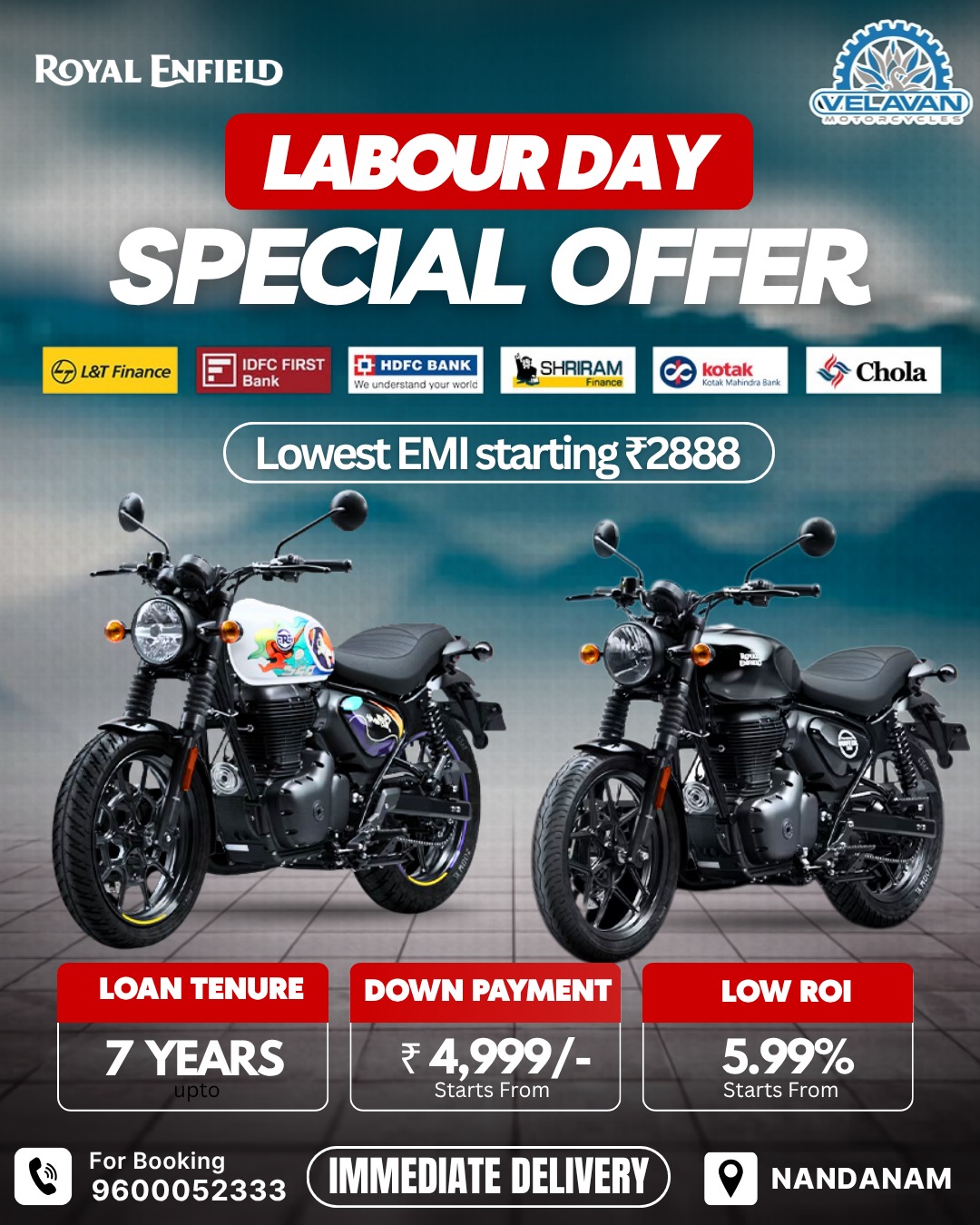Royal Enfield Labour Day special offer by Velavan Motors showcasing social content creation agency expertise with low EMI, down payment, and instant delivery promotion