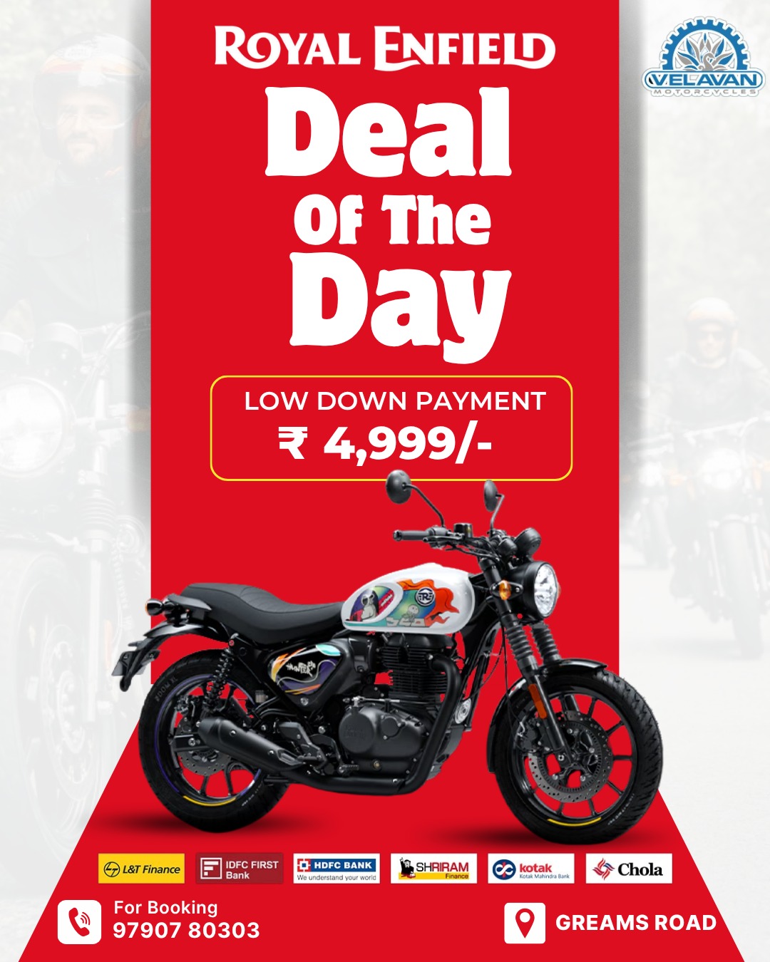 Royal Enfield Deal of the Day campaign by Velavan Motors showcasing social media content agency expertise through a creative promotional post with a low down payment offer