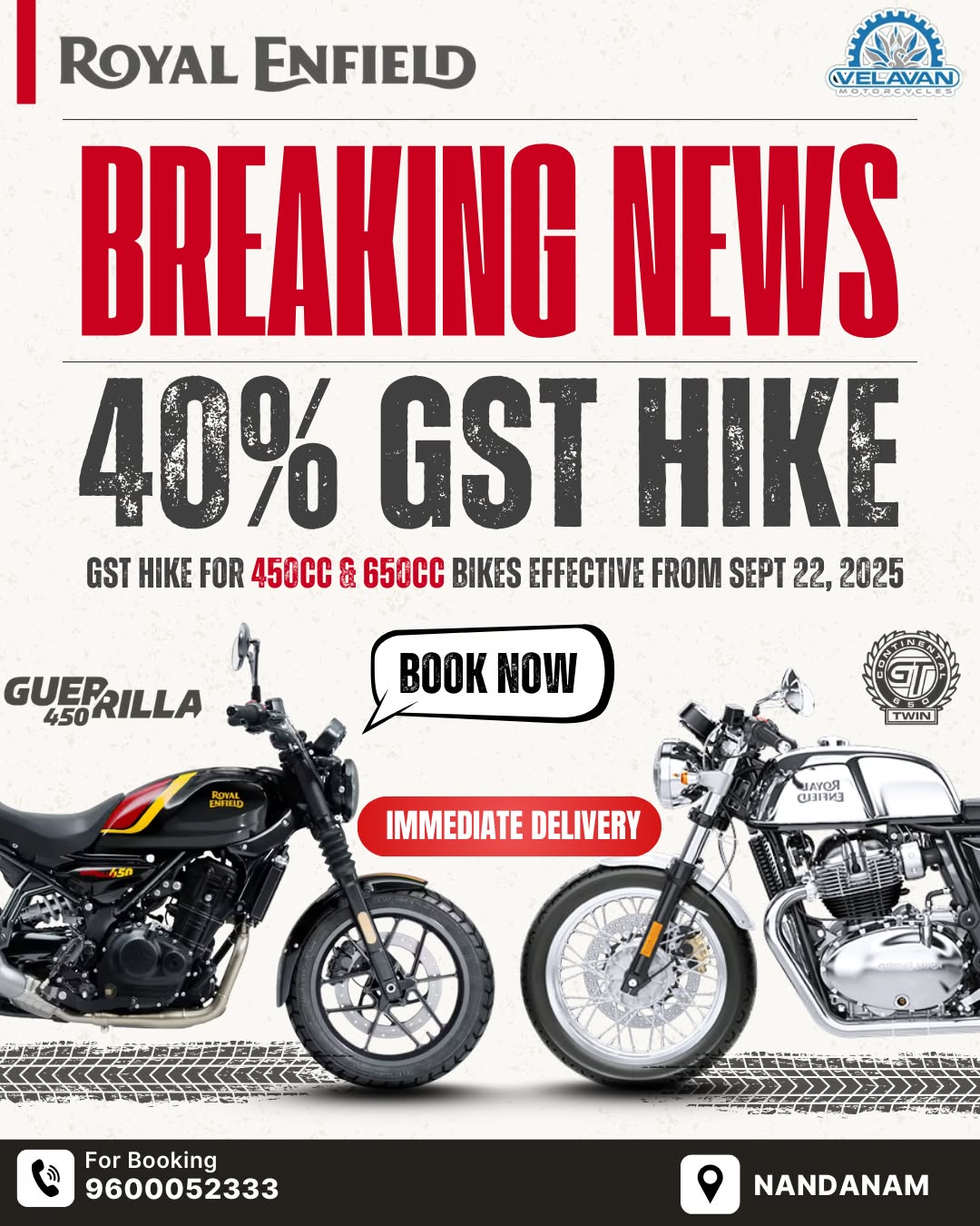 Royal Enfield breaking news campaign by Velavan Motors showcasing social media content creation agency expertise through a creative GST hike awareness and motorcycle promotional post
