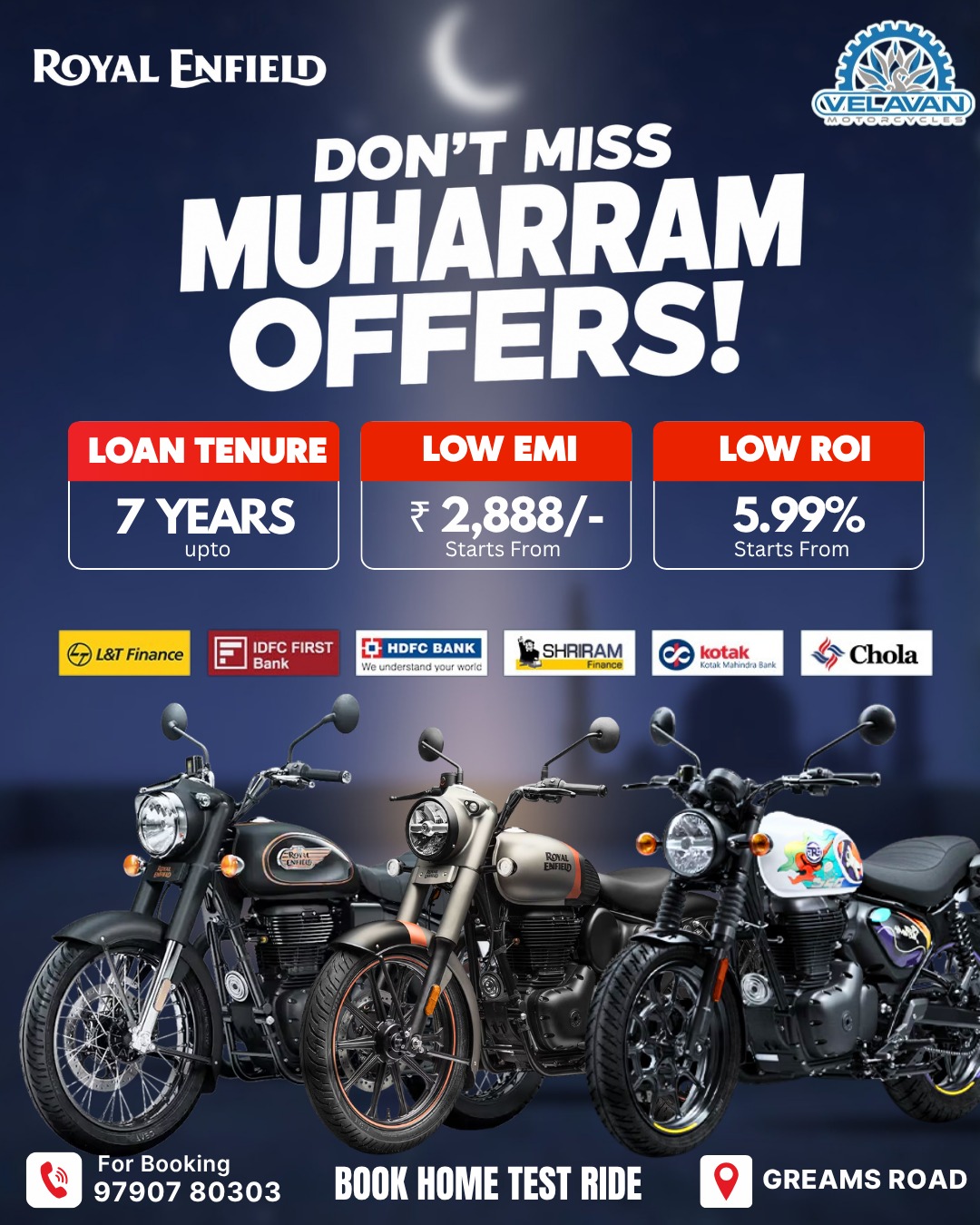 Royal Enfield Muharram offer campaign by Velavan Motors showcasing social media content marketing agency expertise with low EMI, down payment, low ROI, and home test ride promotion