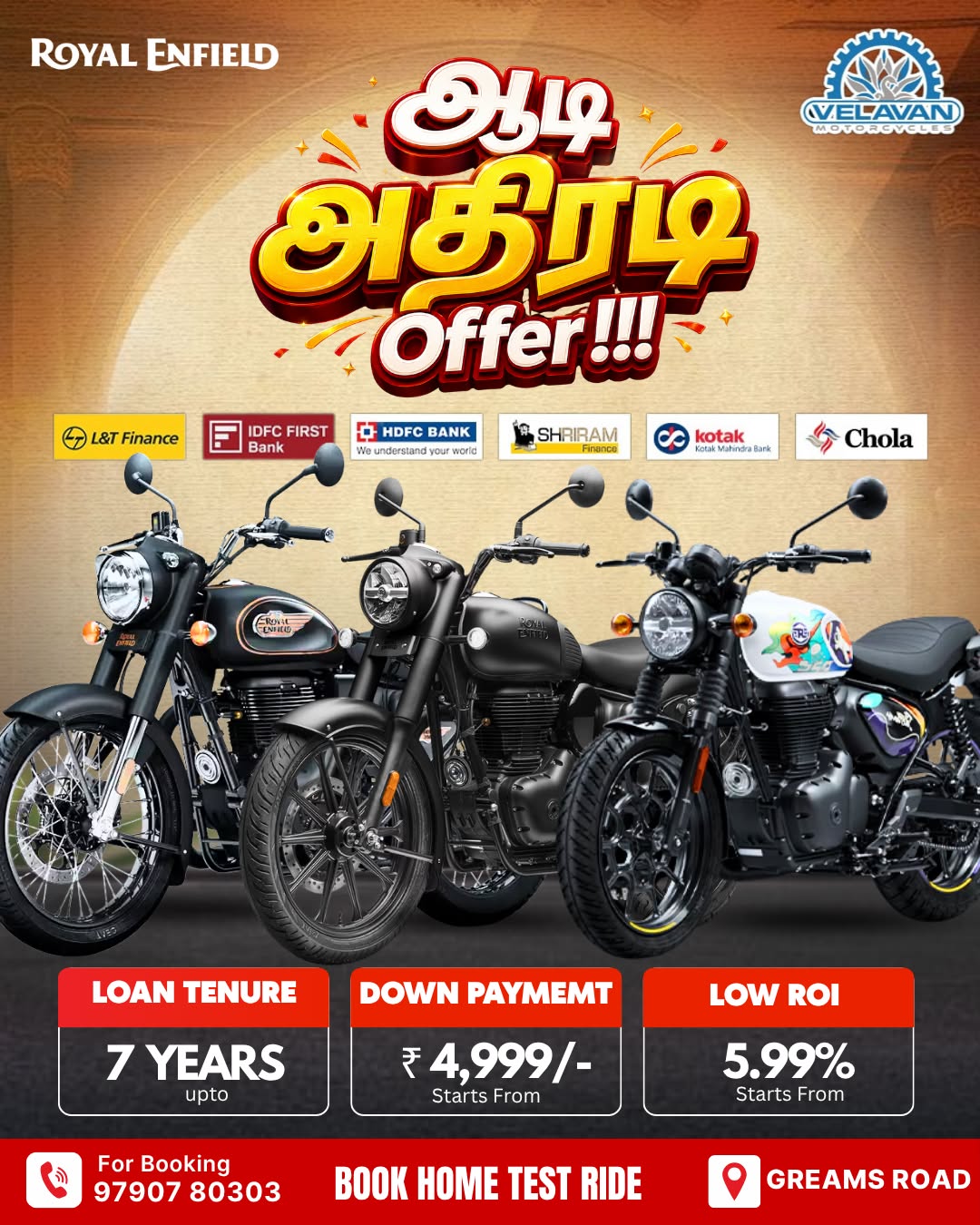 Royal Enfield special offer campaign by Velavan Motors showcasing social media content marketing agency expertise with creative promotional content, low down payment, EMI offers, and test ride booking