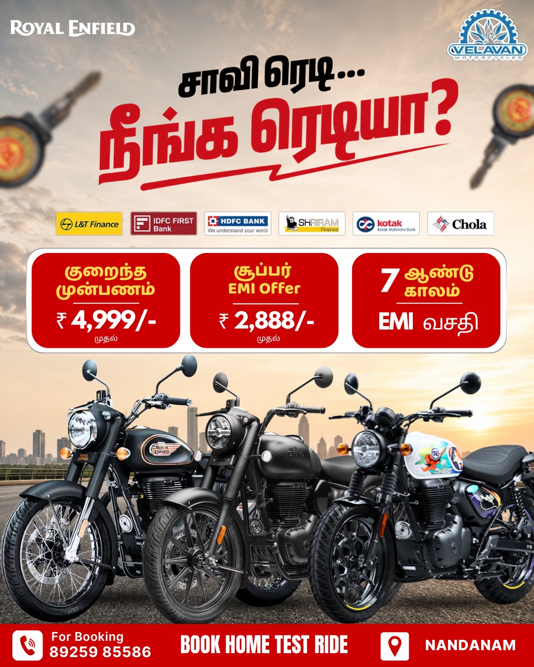 Royal Enfield EMI offer campaign by Velavan Motors showcasing social media marketing agency expertise with bike promotions, finance offers, and test ride booking