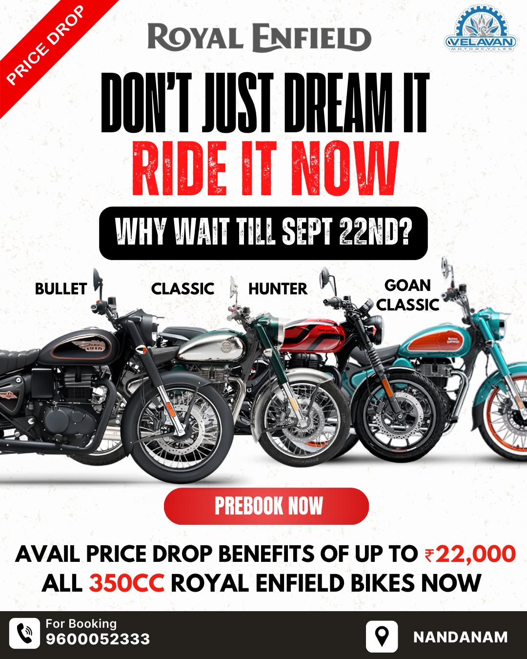 Royal Enfield price drop campaign by Velavan Motors showcasing social media marketing agency expertise through a professional promotional poster