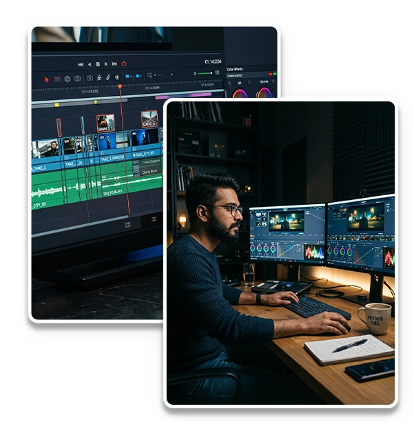 video editing company in Chennai with professional video editors working on video production and editing software